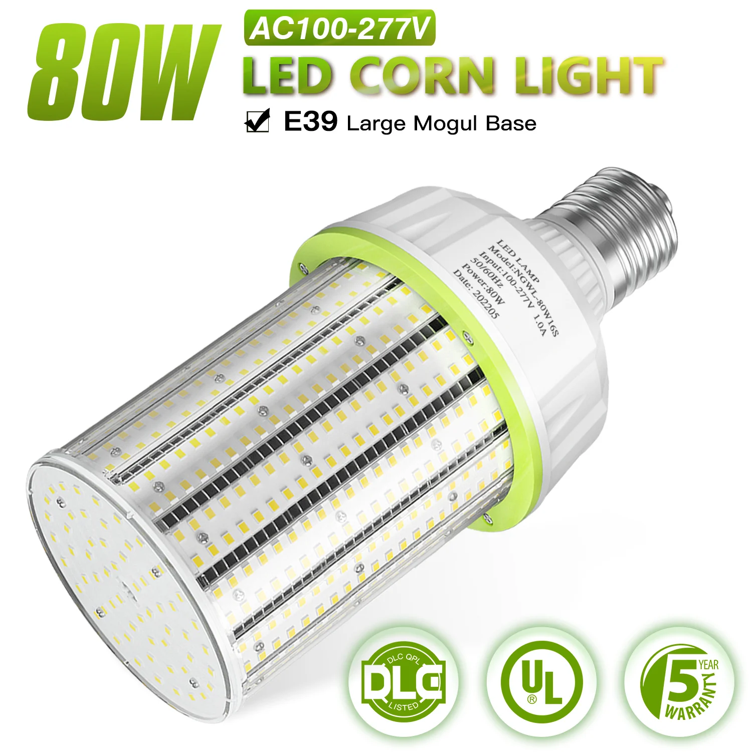 80W LED Corn Light Bulb 100-277V E39 11200Lm Super Bright High Bay Light for Warehouse Workshop Backyard Lot Retrofit