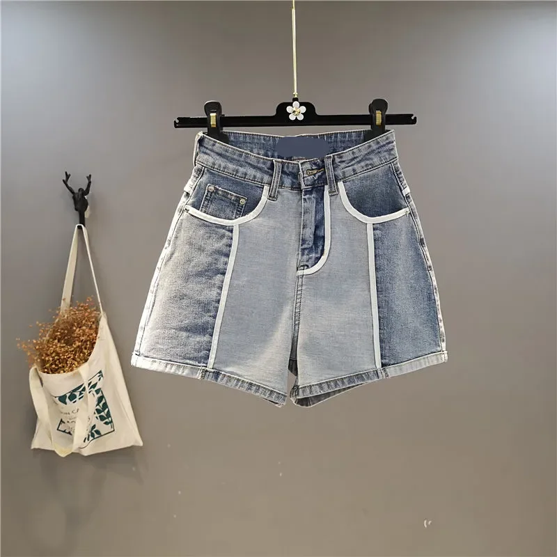 

High Waist Contrast Trim Denim Shorts, Retro Color-Blocked Wide-Leg Hot Pants