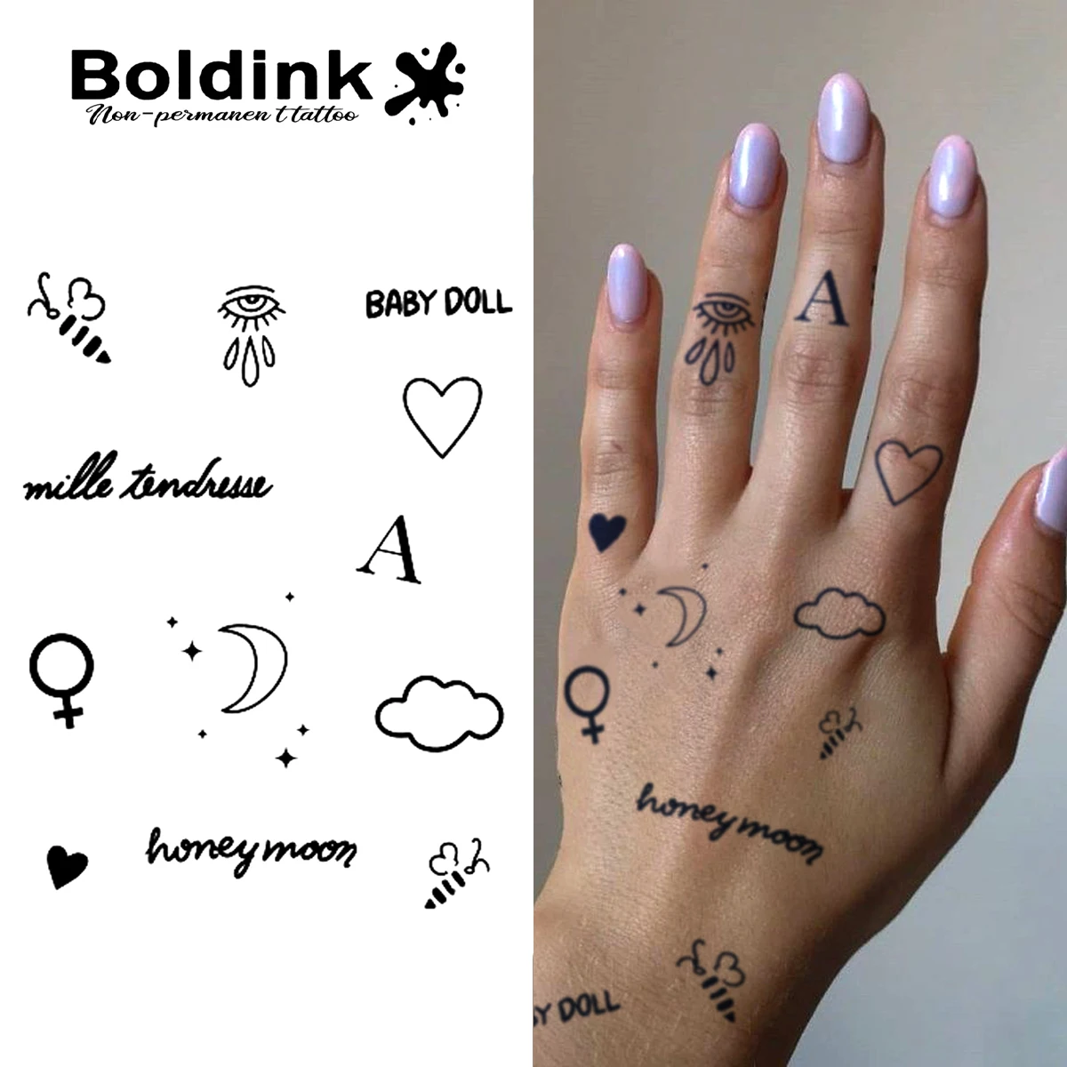 

Boldink Tattoo Stickers | Bee / Heart / Moon French Love Words | Non-permanent waterproof tattoo | Little fresh black and white