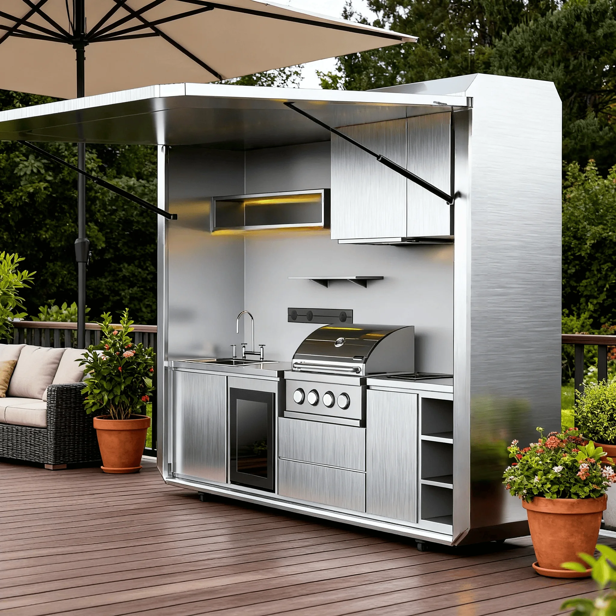 Gaiasmile Customizable Modular Kitchen House Food Kitchen Unit Stainless Steel Mobile Kitchen with Stove BBQ Grill Set