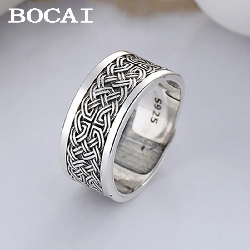 

BOCAI S925 Sterling Silver Retro Simple Three-Dimensional Woven Pattern Ring for Men and Women Adjustable Wide Face Holiday Gift