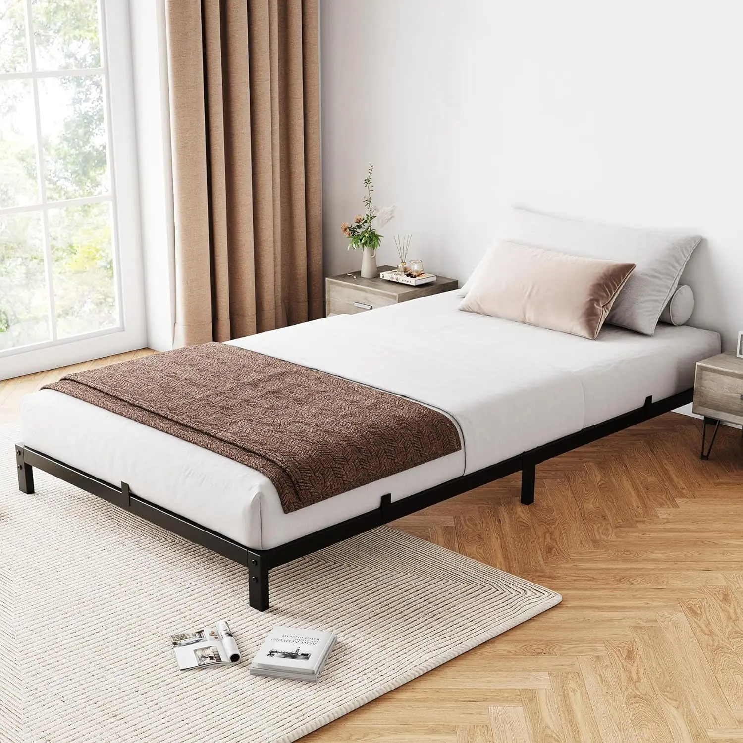 

6 Inch Twin Bed Frame, Low Profile Twin Metal Platform Bed Frame Support Mattress Foundation, Noise Free, Easy Assembly,