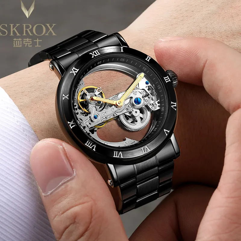 SKROX Hollow Skeleton Automatic Movement Man Watch Mechanical Waterproof Male Wrist Watches Original Top Brand Luxury Clockwork