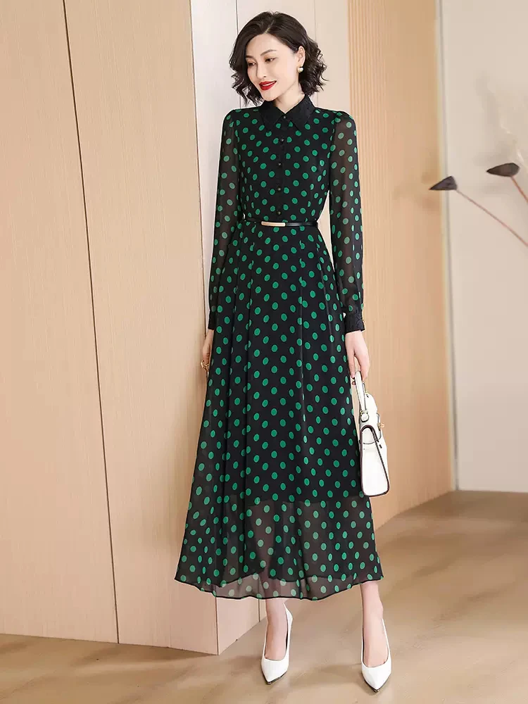 New Women Spring Summer Long Shirt Dress Fashion Turn-down Collar Long Sleeve Polka Dot Dress Elegant Slim Overlength Dress