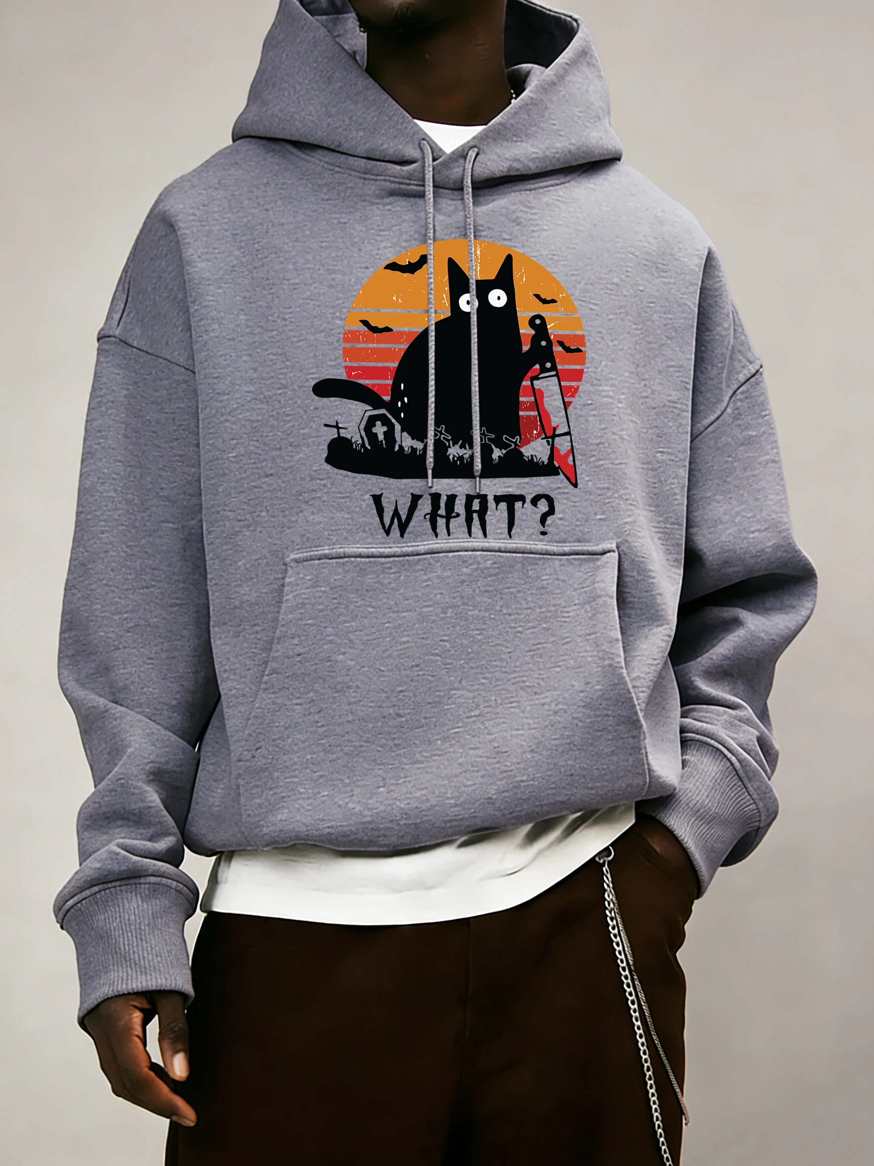 

Черный кот с принтом ножа S-2XL, мужская повседневная уличная пуловер, осенняя модная свободная спортивная одежда, 14-цветная одежда с карманами