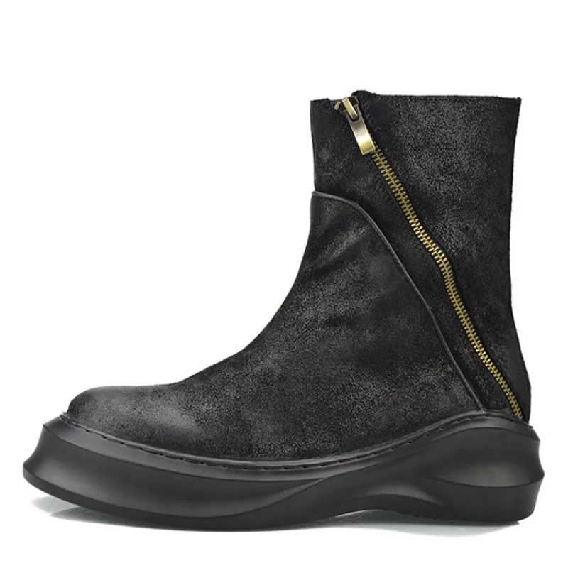 รองเท้าบูตมอเตอร์ไซค์แนววินเทจสำหรับผู้ชายพื้นหนามีซิปเสริมความสูงรองเท้าบูทหุ้มข้อหนังแท้เชลซีรองเท้าทำงานสำหรับผู้ชาย