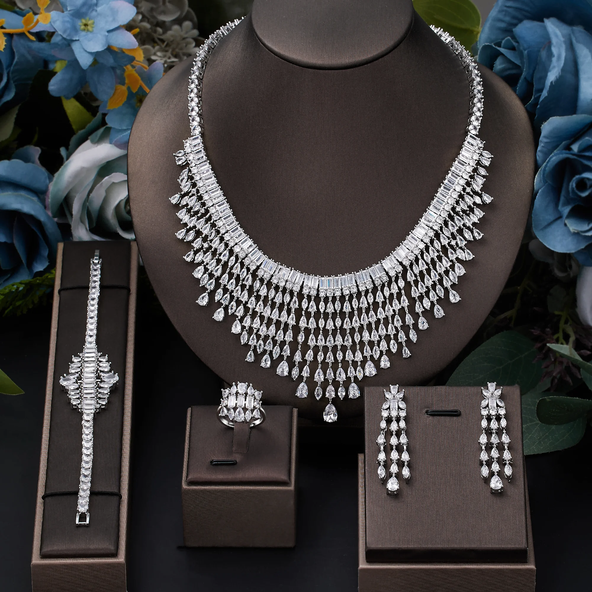 

Luxury Cubic Zirconia Tassel Bridal Wedding Jewelry Set for Women Africa Nigeria 4-Piece Bride Accessories