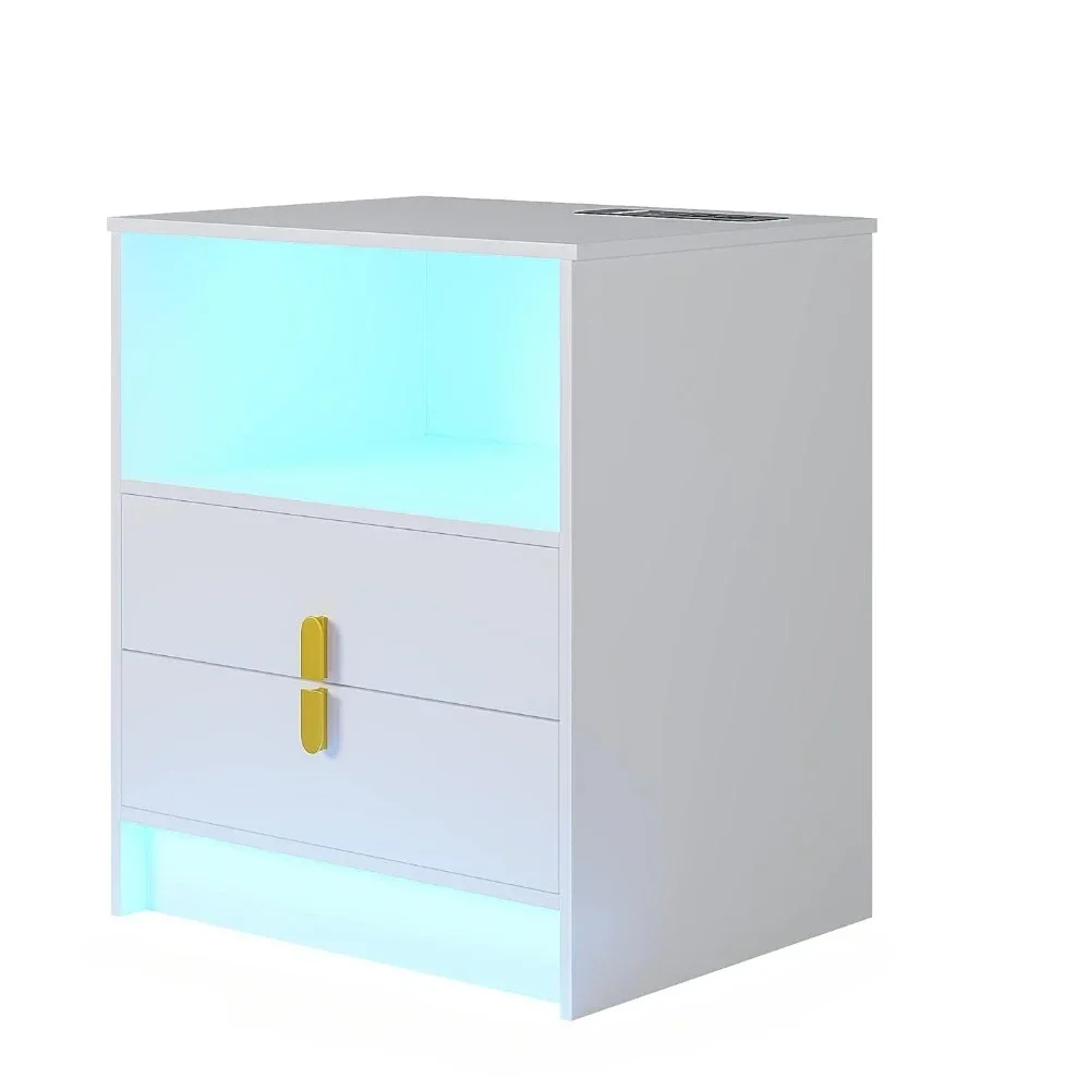 Bedroom bedside table with LED light, 2 drawers and open storage bedside table, sensor function, white