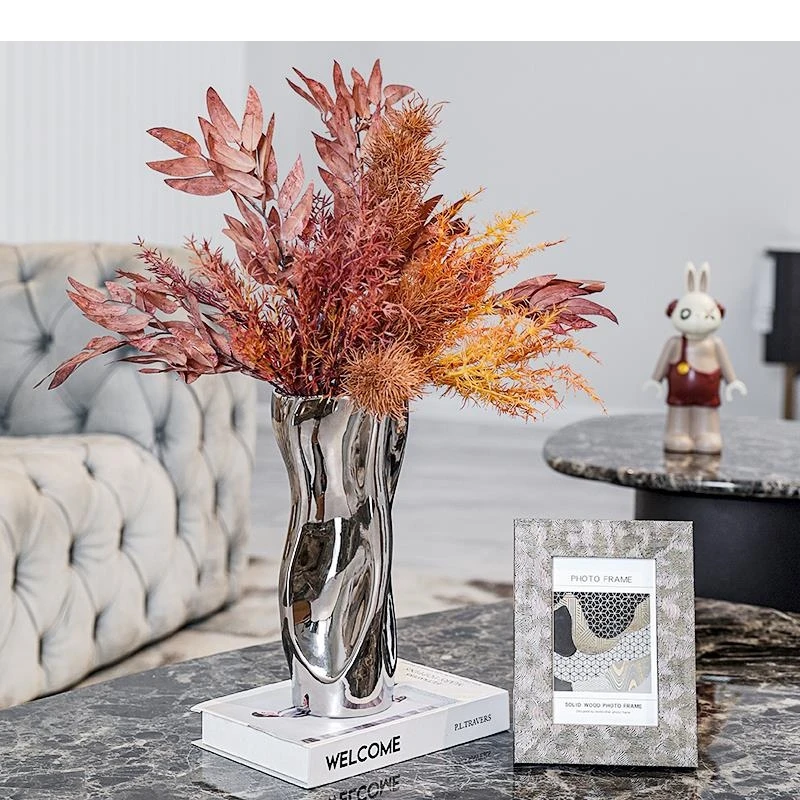 Modern Abstract Curved Vase Flower Arrangement Dried Table Decoration Electroplating Ceramic Silver Home