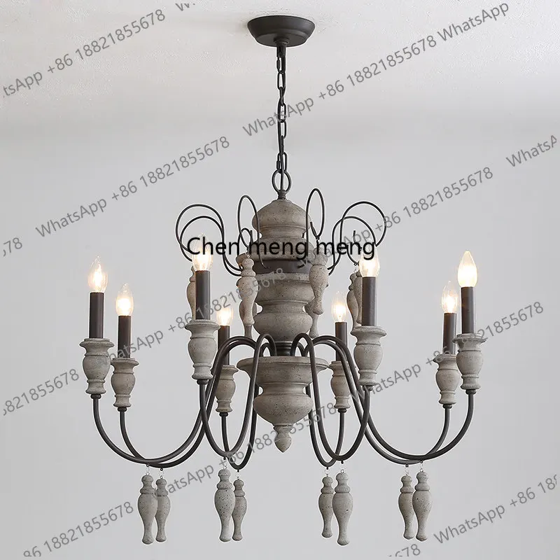 American rural antique solid wood chandelier dining room 8 head wrought iron lamp French style bedroom living room lamp