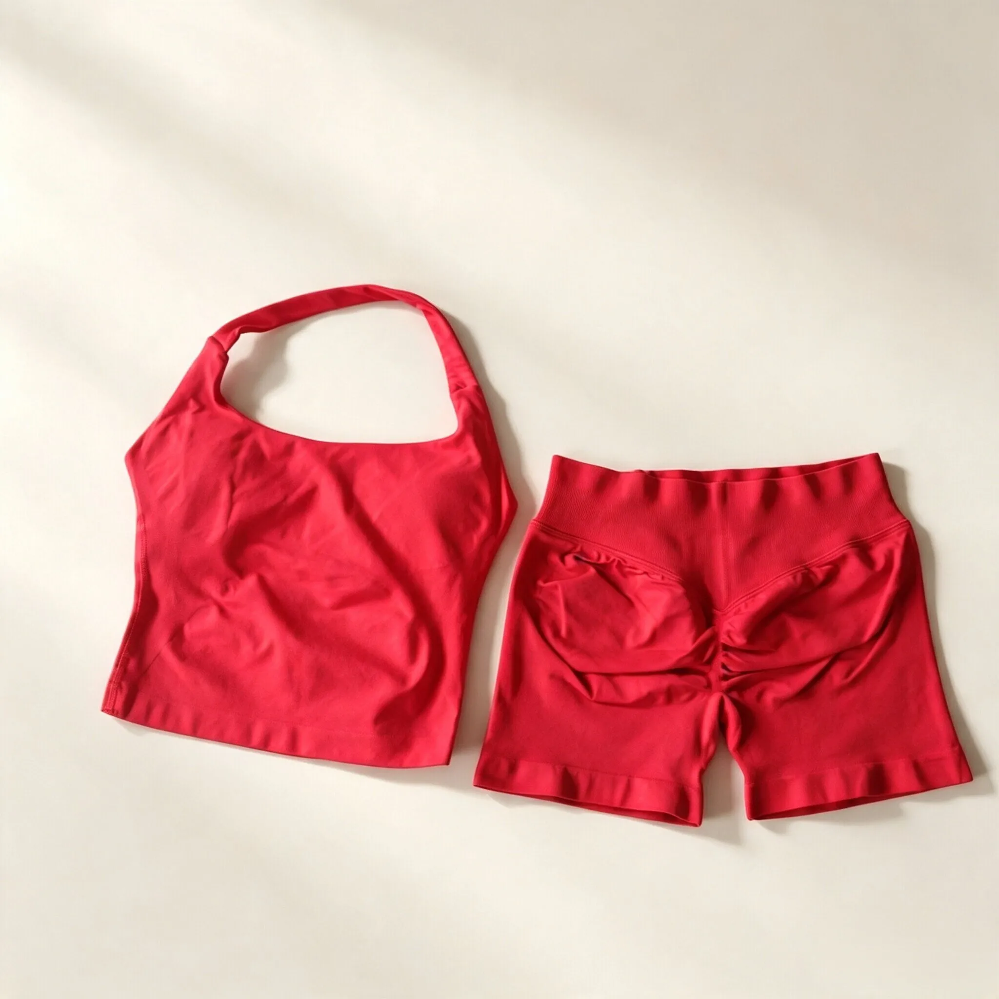 Dneyf 1D-3Y-2F Damen Neckholder Crop Sport-Top & Rüschen Scrunch Butt Shorts 2-teiliges Set Schnelltrocknendes Fitness Yoga Workout Outfit – Detail 27