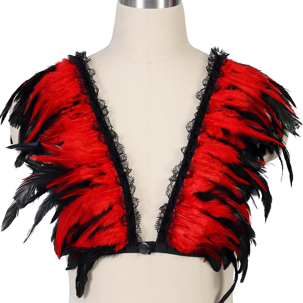 Hallowen Bulu Epaulettes Bahu Harness Bralette Crop Top Wings Steampunk Goth Rave Aksesori Eksotis Pakaian Festival Pria Terbakar