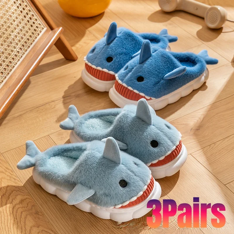 New Cotton Slippers Women Winter 3D Shark Cartoon Cute Plush Cotton Slippers Thickened Non Slip Warm Cotton Shoes