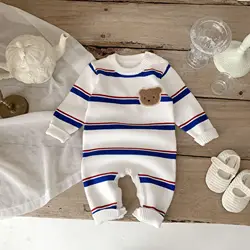 2024 Ins Korean Spring Autumn Infant Boys Bodysuit Long Sleeve Knitted Sweater Striped Romper Simple Pullover Baby Boys Jumpsuit