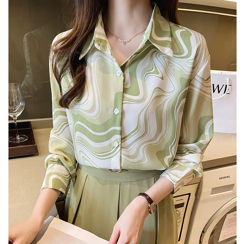 Temperament Spring and Autumn Women\'s POLO Collar Printing Contrast Color Single Breasted Fashion Loose Long Sleeve Shirts Tops