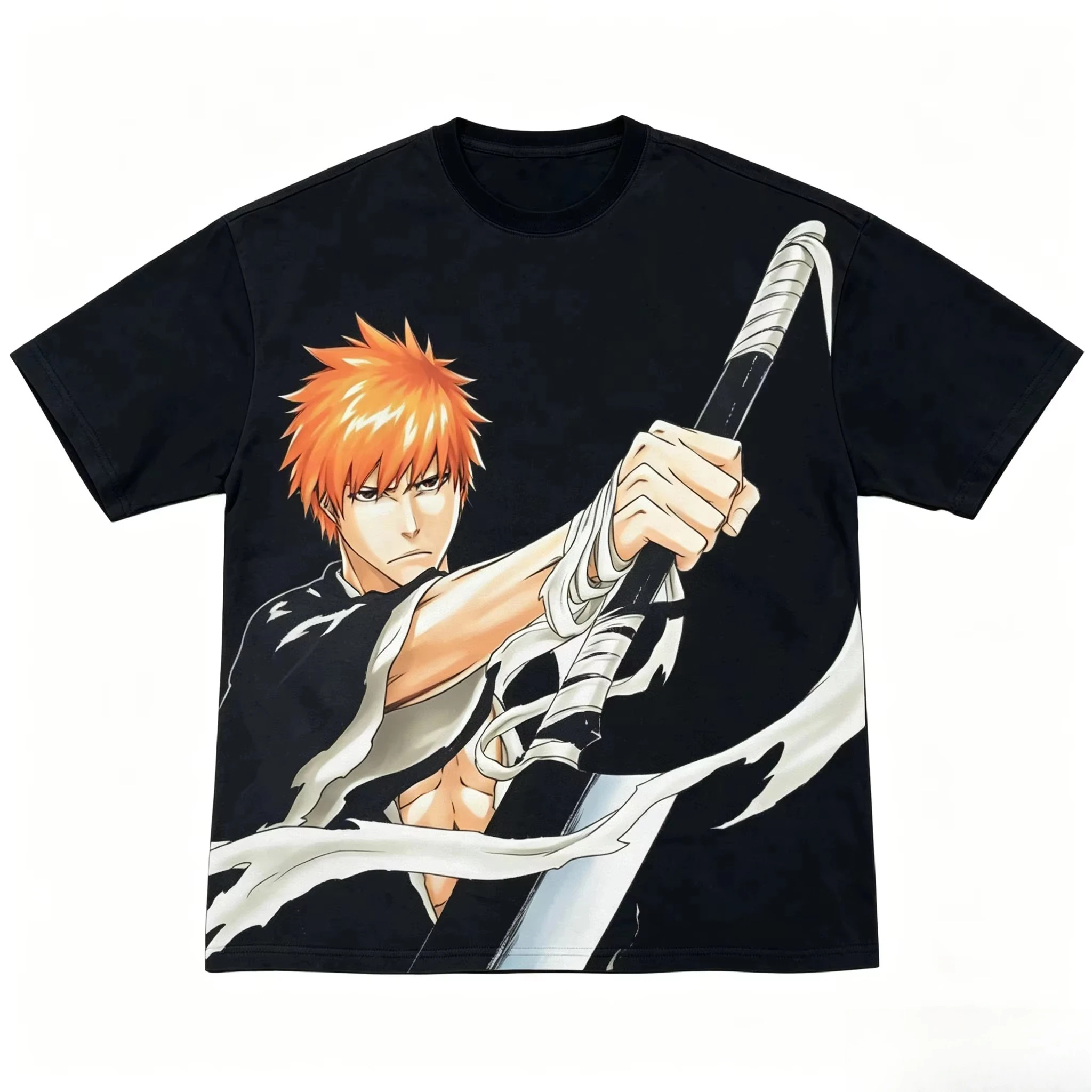 Trendy Manga Swordsman Print T-shirt Men Orange Hair Anime Warrior Character Graphic Loose Cotton Casual Short Sleeve Streetwear