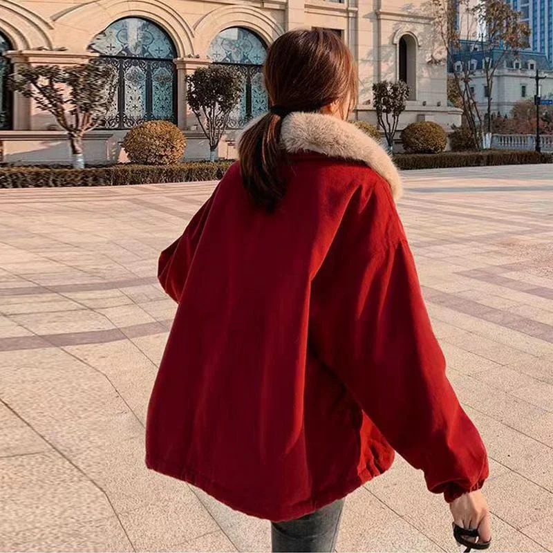 QNPQYX Korean Thick Fleece Women Winter Jacket Fashion Loose Warm Plush Parkas Female Elegant Lapel Zipper Pocket Velvet Coat