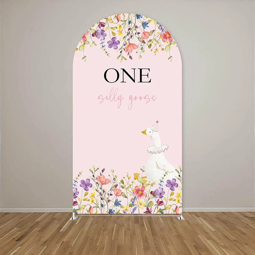 Mehofond Custom 2-Sided One Silly Goose Pink Bow Girl 1st Birthday Party Baby Shower Cover Chiara Arch Background Decor Backdrop