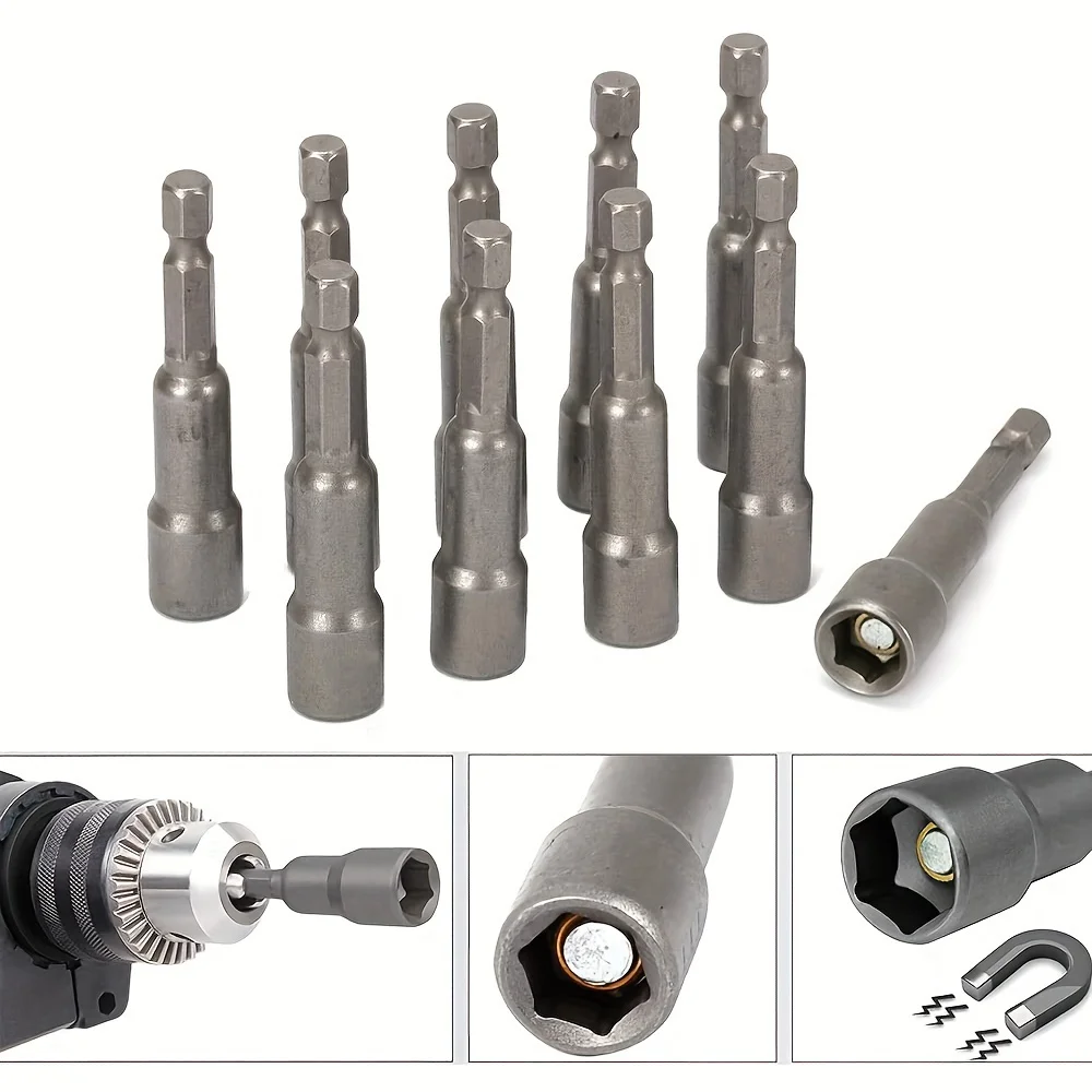 10pcs 6mm-19mm Impact Socket Magnetic Nut, Screwdriver 1/4 Hex Key Set Drill Bit Adapter For Power Drills, Impact Drivers Socket