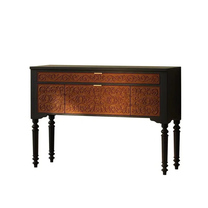 

French solid wood retro solid wood entrance table, living room contrasting color creative home decoration cabinet, carved ash
