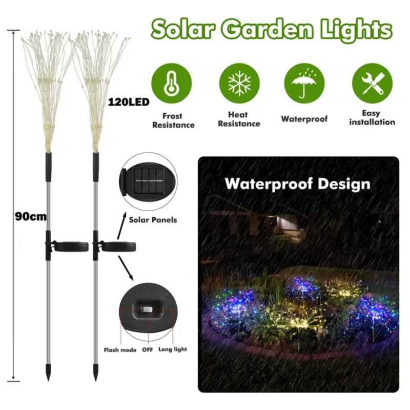 Led Solar Fireworks Lights Outdoor Waterproof 8 Lighting Modes Solar Powered Fairy Lights for Garden Balcony Lawn Decoration