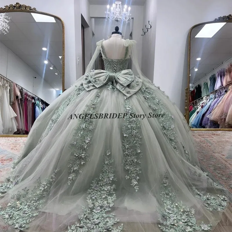 Angelsbridep искусственное зеленое платье Quinceanera с аппликацией из бисера Красивое бальное платье 16 Тюль 3D цветочные платья XV 15 лет