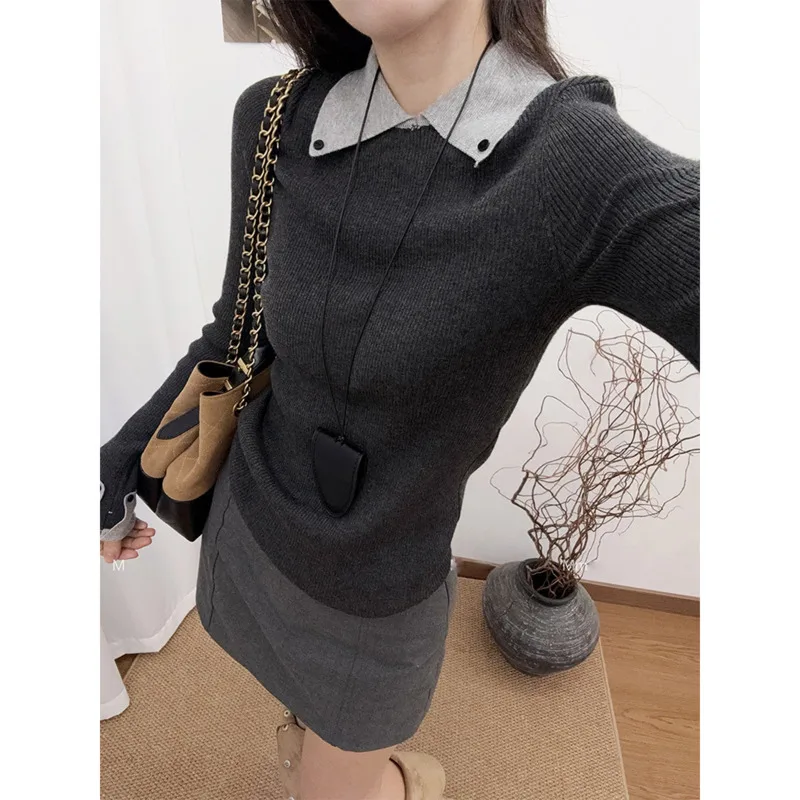Color-Block Polo Collar Knitted Sweater For Women Autumn Winter Slim Inner Layer Knitwear