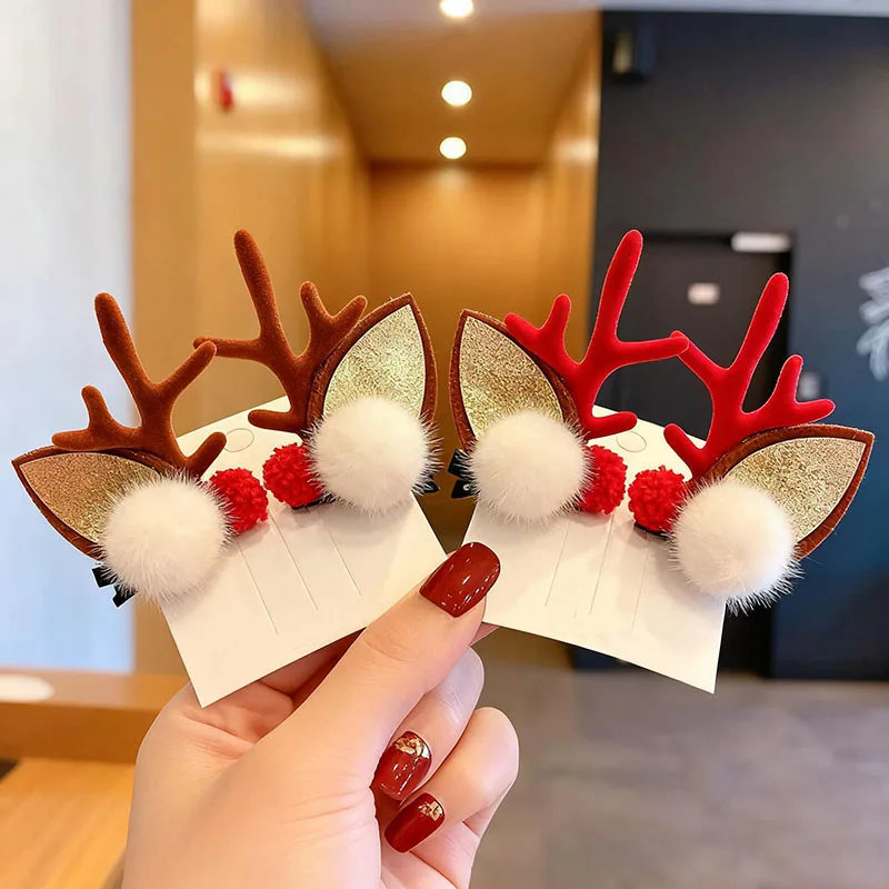 กิ๊บติดผมรูปเขากวางสองสีสำหรับคริสต์มาส 2 คู่ ทำจากผ้ากำมะหยี่สีแดง งานแฮนด์เมด สำหรับเด็กผู้หญิง อุปกรณ์เสริมสำหรับวันหยุด