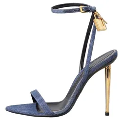 Sharp Pointed Gold Lock Strappy High Heel Sandals Celebrity Shoes Demin Evening Sandal Jean Women Sandalias Femininas