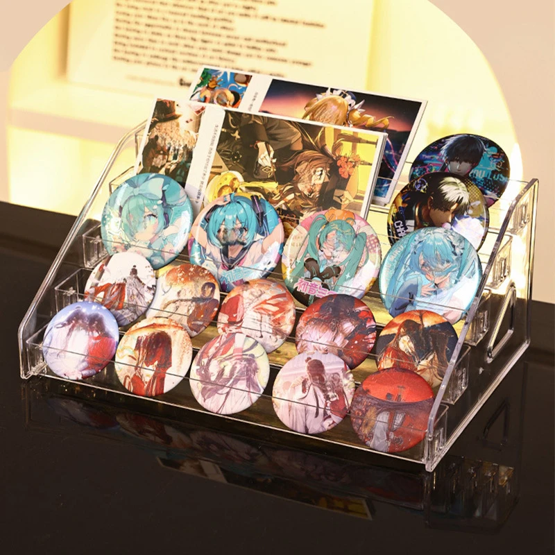 Acrylic Badge Storage Box Display Rack Stepped Display Desktop Storage Organizer for 75MM Badges Standing Signs and Peripherals