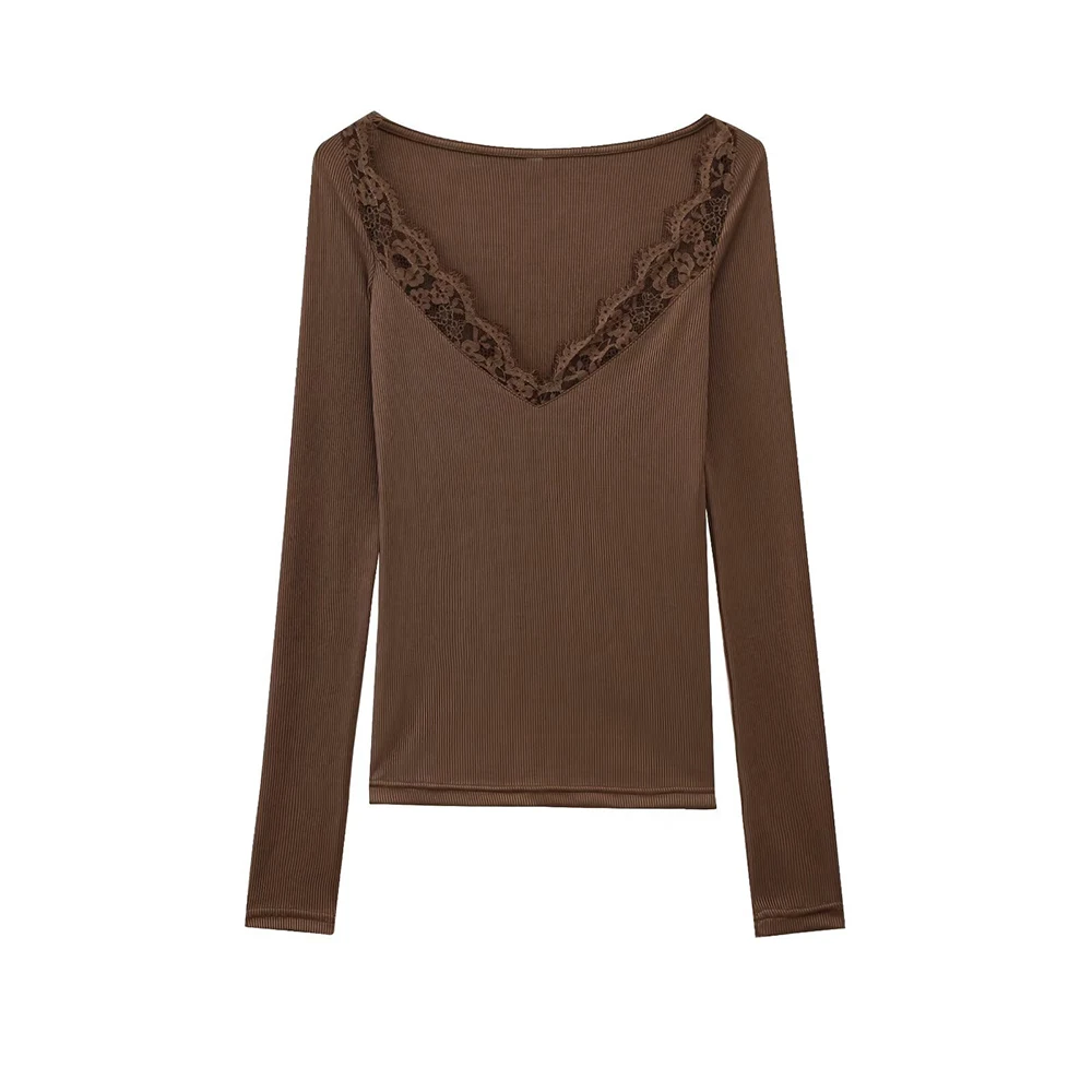 

Сексуальная кружевная рубашка с v-образным вырезом и длинными рукавами, облегающий низ, модный европейский и американский модный топ