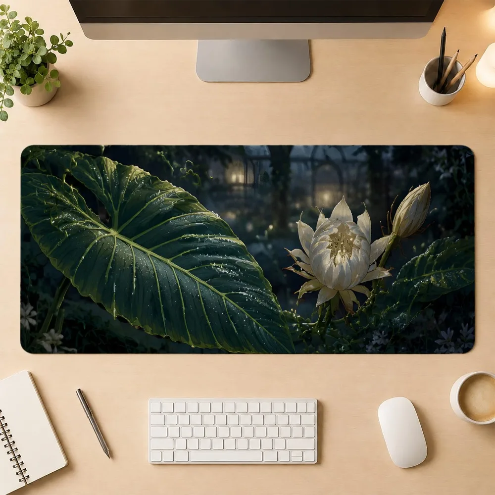 Mouse pad, green leaves and white flowers anti-slip bottom computer table, office desk, desktop decoration item tapis de souris