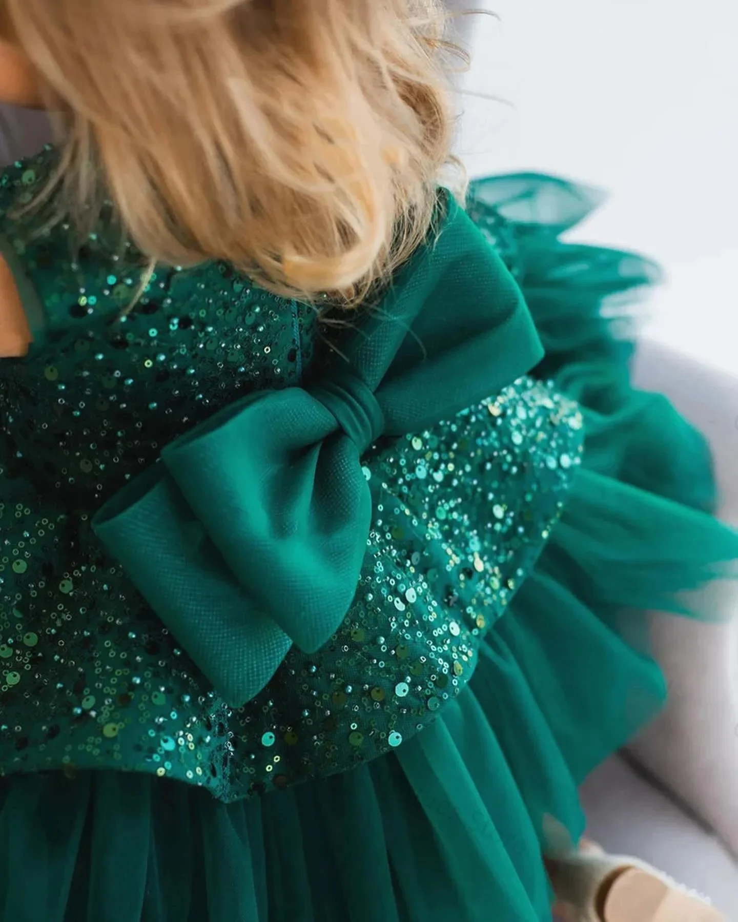 Green Puffy Flower Girl Dress For Wedging Shining Tulle With Bows Glitter Sequin knee Length Birthday Children Pageant Gown