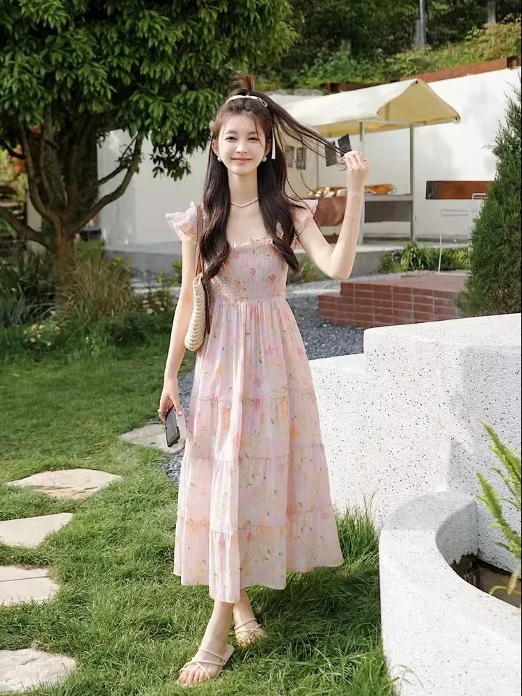 Vestido retrô suave estilo gola quadrada novo vestido fino e doce com manga voadora