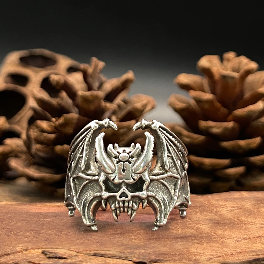القوطية الخفافيش الجمجمة الدائري للرجال ريترو واسعة قابل للتعديل السائق الدائري هالوين مصاص دماء مجوهرات شخصية فن الديكور الدائري فاسق #3