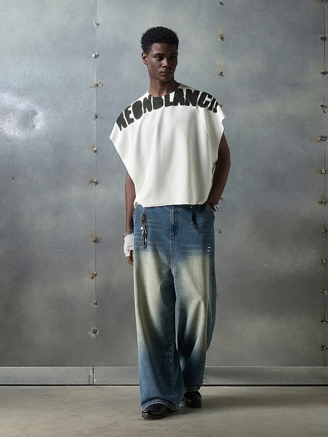 

Men's Oversized Sleeveless Knit Top with Bold Graphic Print, Summer Casual Wear