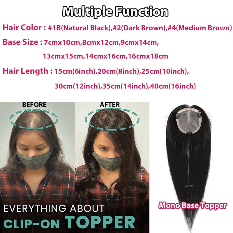 Durable Women Topper Fine Mono & Pu Base Human Hair Topper With Clips On Human Hair Wigs Breathable Remy Human Hairpieces System