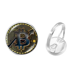 Trendy Bitcoin Rings for Men Women Lucky Coin Pattern Glass Cabochon Adjustable Ring Birthday Gift