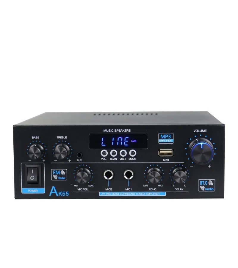 AK55 Amplifier Digital Bluetooth 900W, pengeras Stereo Hi-Fi 2 saluran untuk rumah mobil Karaoke FM, Amplifier USB Flash Drive