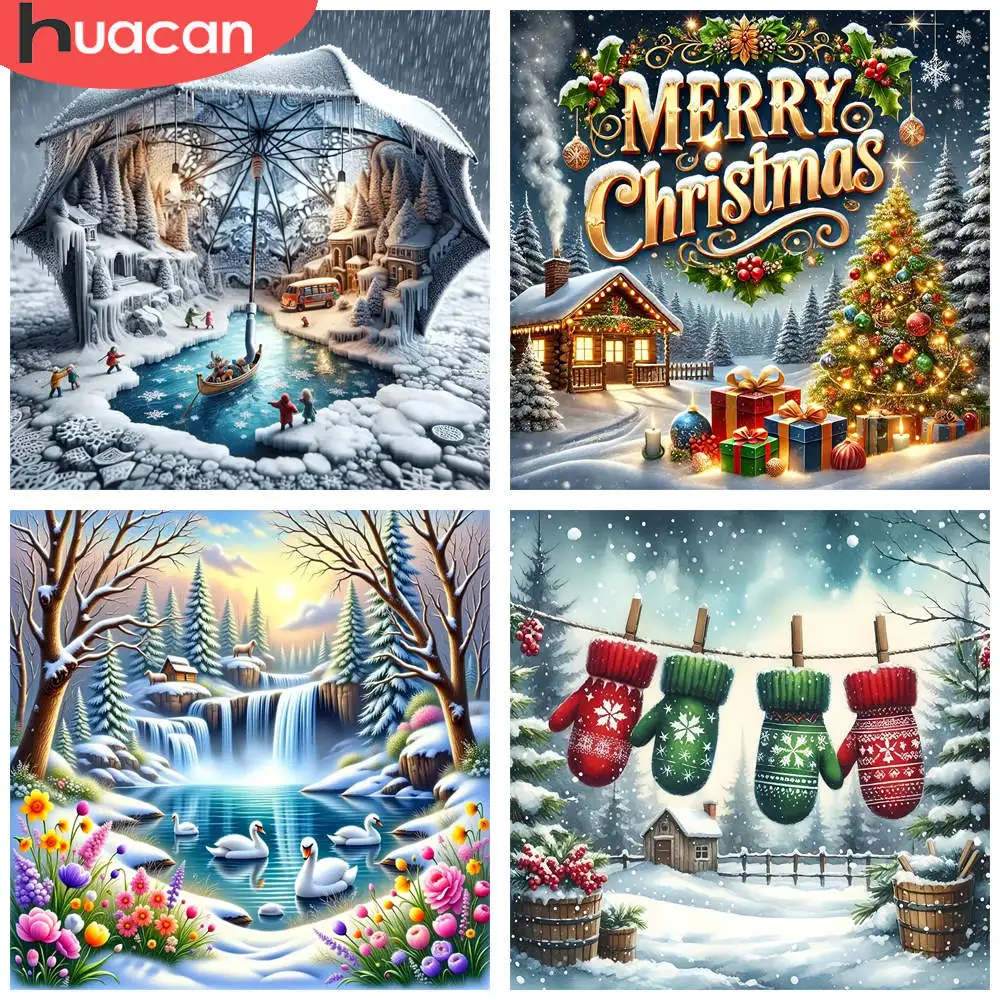 HUACAN 1 stücke Diamant Malerei Winter Szene Verschneite Dorf Landschaft Leinwand 5D DIY Diamant Stickerei Kits 3D Mosaik Bild