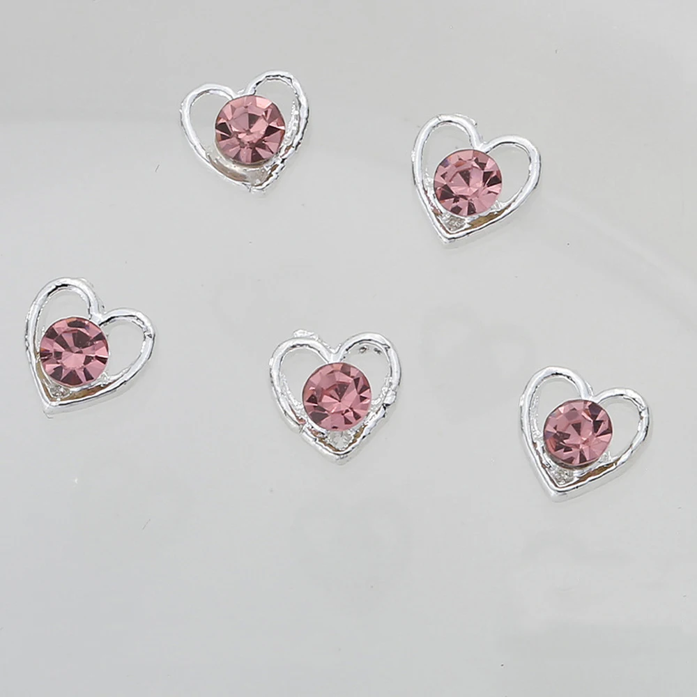 10pcs Pink Zircon Nail Art Charm 3D Hollow Butterfly Heart Ribbon with Pink Crystal Nail Decoration DIY Kawaii Nail Accessories