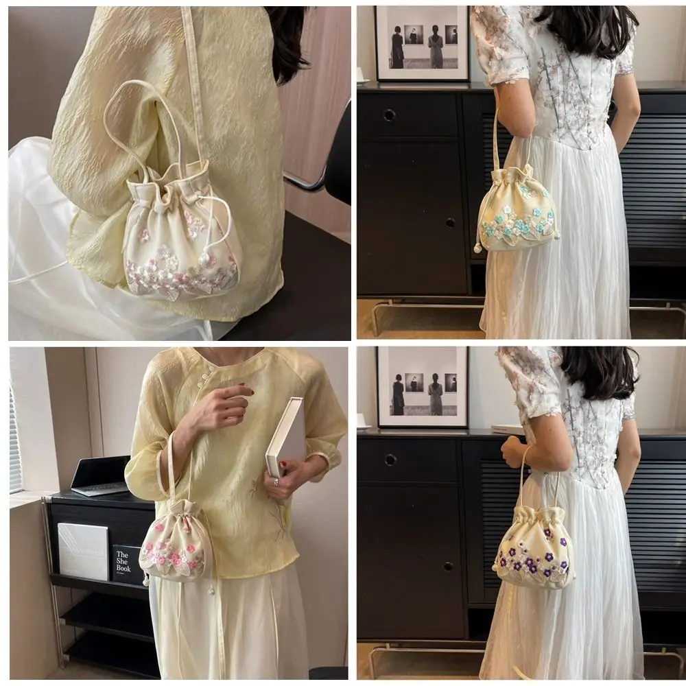 Female Girls Embroidered Flower Women\'s Handbags Fashion Single Shoulder Large Capacity Bucket Bag Crossbody Bag