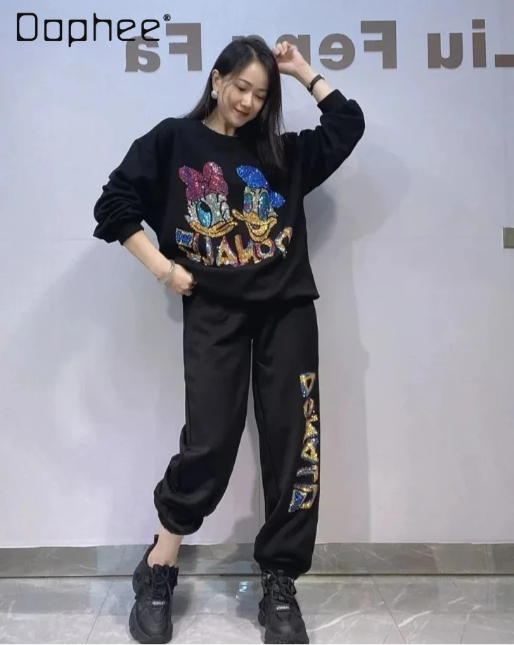 

Осенние новые пуловеры со стразами и круглым вырезом, комплекты свитшотов, модный повседневный топ с длинными рукавами и брюки 2025 года, женский костюм из двух предметов