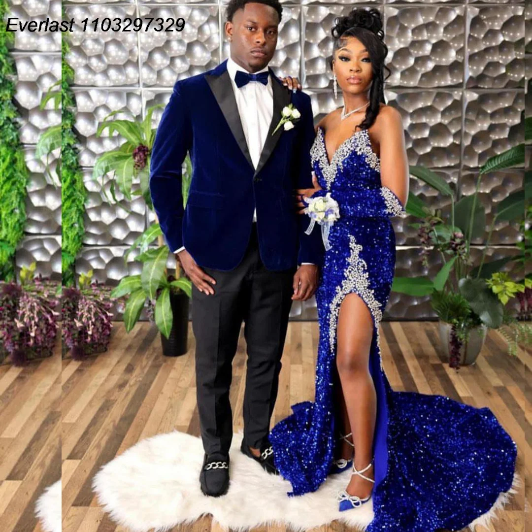 EVLAST Customized Royal Blue Sequins Mermaid Prom Dress For Black Girls High Slit Silver Diamonds Beaded Party Gown TPD92