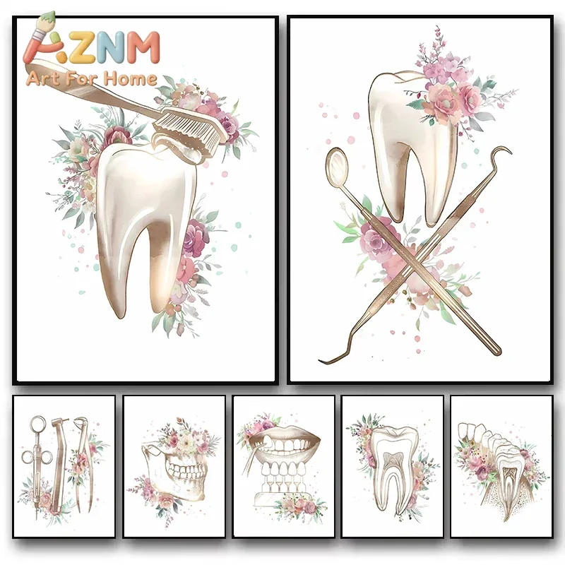 Gentle Floral Dental Anatomy 2D Flat, Frameless , Modern Clinic Decor,  Watercolor Teeth Dental Tool  Dentist Office