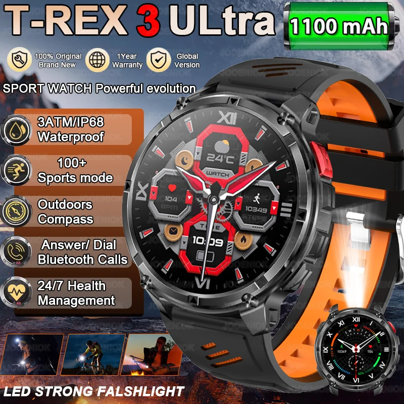 2026 New T-REX3 Outdoor Smart Watch Men 1100mAh Large Battery Bluetooth Call Compass 1.7-inch LED Flashlight Waterproof Watches