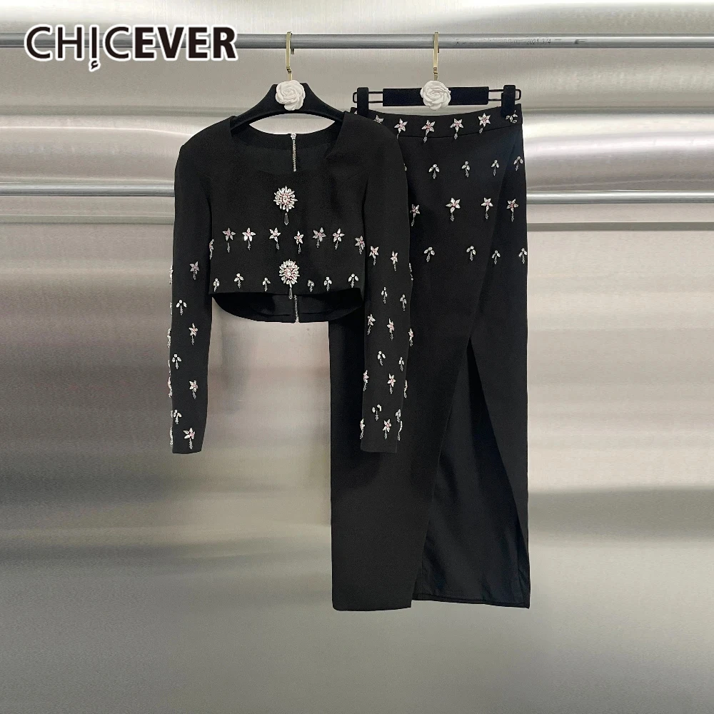 

CHICEVER Evening Two Piece Set For Women O Neck Shoulder Pud Coat High Waist Split Long Skirt Spliced Diamonds Suit Female New