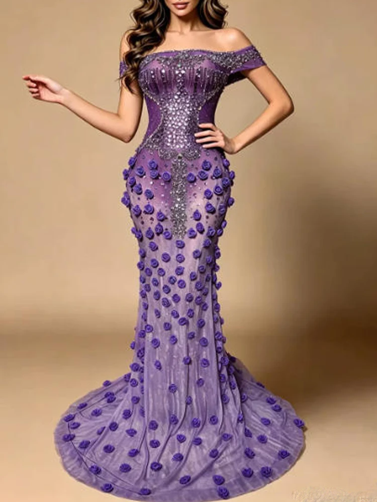 High Quality Hot Stamping Sexy One Shoulder Three-Dimensional Floral Elastic Dress 2026 New Fashionable Custom Women'S Clothing