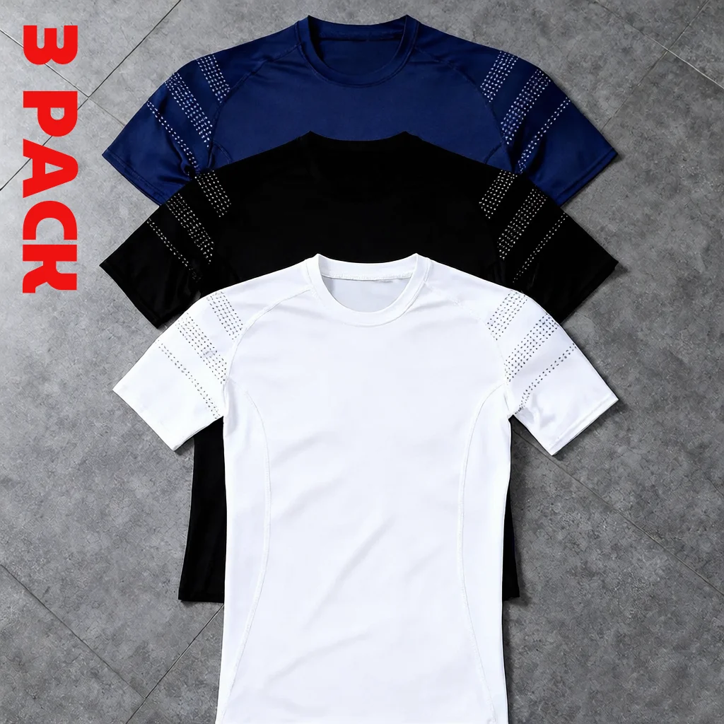 Men's 3 Pack Compression Shirts Quick Dry High Elastic Short Sleeve Sport Tight Top for Fitness Running