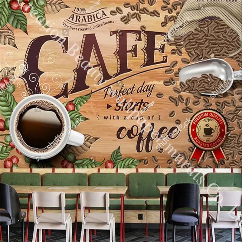 Coffee Beans Wooden Textured Backdrop Photo Mural Wallpaper for Cafe Bar Bakery Shop Restaurant Backdrop Wall Paper 3D